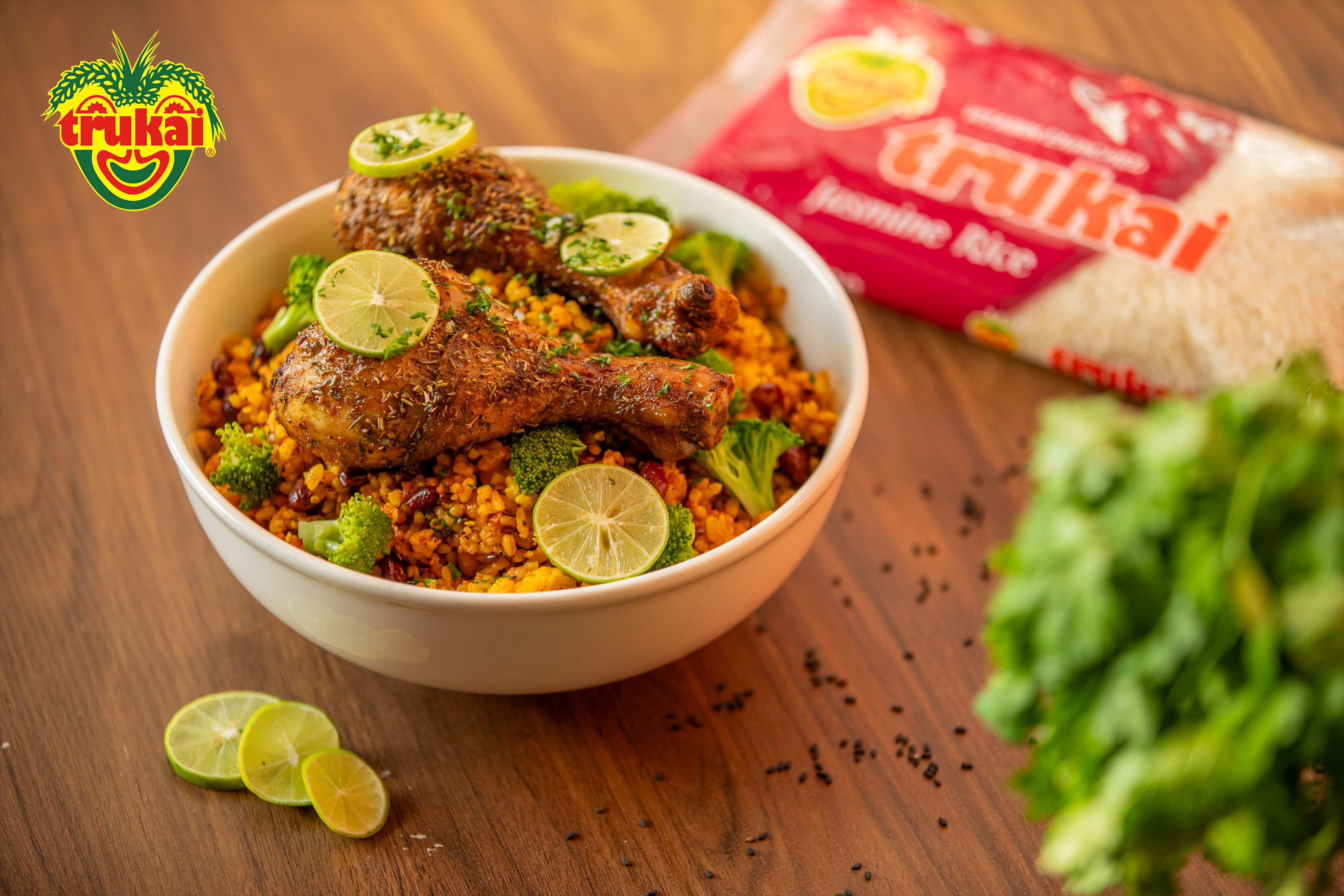 Eastern BBQ Chicken DrumsHcks with Trukai Jasmine Rice, Mixed Beans Salad & Broccoli  